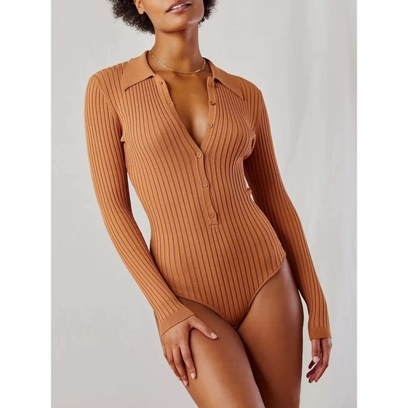 Ronny Kobo Cognac Brown Ribbed Long Sleeve Collared Cyndie Knit Bodysuit EUC S - Picture 1 of 12